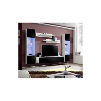 Meuble TV FLY A3 design, coloris blanc et noir brillant + LED. Meuble suspendu moderne et tendance pour votre salon.