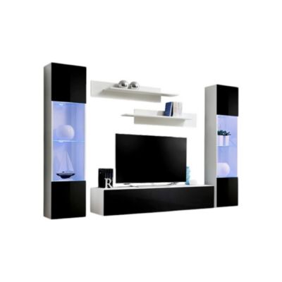 Meuble TV FLY A3 design, coloris blanc et noir brillant + LED. Meuble suspendu moderne et tendance pour votre salon