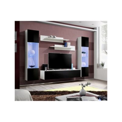 Meuble TV FLY A3 design, coloris blanc et noir brillant + LED. Meuble suspendu moderne et tendance pour votre salon
