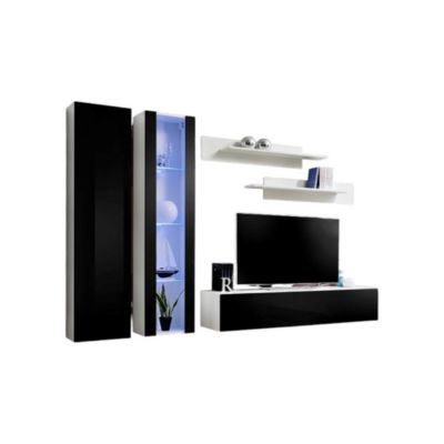 Meuble TV FLY A4 design, coloris blanc et noir brillant + LED. Meuble suspendu moderne et tendance pour votre salon