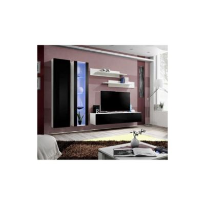 Meuble TV FLY A4 design, coloris blanc et noir brillant + LED. Meuble suspendu moderne et tendance pour votre salon