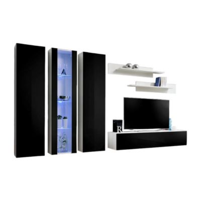 Meuble TV FLY C4 design, coloris blanc et noir brillant. Meuble suspendu moderne et tendance pour votre salon.