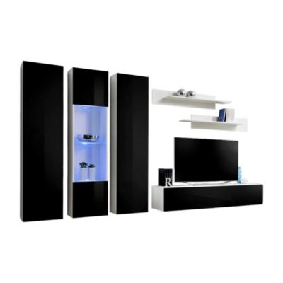 Meuble TV FLY C5 design, coloris blanc et noir brillant. Meuble suspendu moderne et tendance pour votre salon.