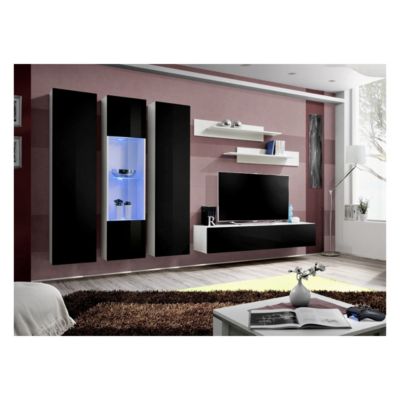 Meuble TV FLY C5 design, coloris blanc et noir brillant. Meuble suspendu moderne et tendance pour votre salon.