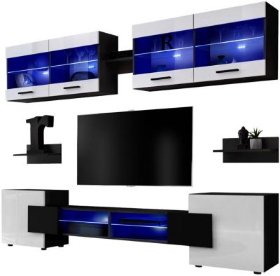Meuble TV Foggia Komodee - LED Bleues - Blanc Brillant et Noir - Facades en Brillant - 230 x 195 x 35 cm