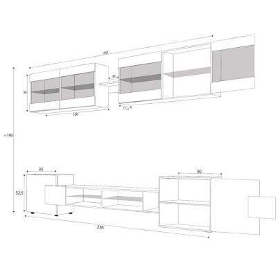 Meuble TV Foggia Komodee - LED Bleues - Blanc Brillant et Noir - Facades en Brillant - 230 x 195 x 35 cm