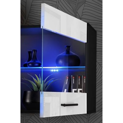 Meuble TV Foggia Komodee - LED Bleues - Blanc Brillant et Noir - Facades en Brillant - 230 x 195 x 35 cm