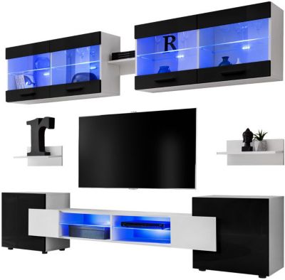 Meuble TV Foggia Komodee - LED Bleues - Noir Brillant et Blanc - Facades en Brillant - 230 x 195 x 35 cm