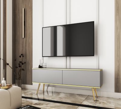 Meuble TV  Gris Avec Pieds En Or, 135 X 30 X 32 Cm