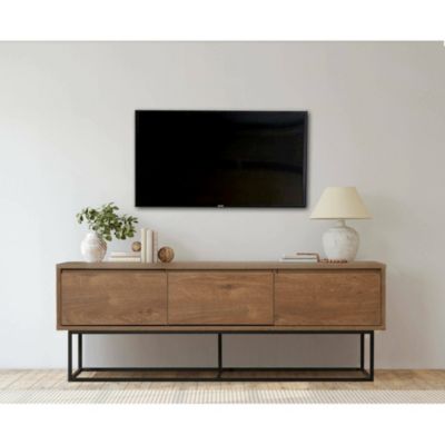 Meuble TV Iginia, Buffet de salon, Armoire basse pour TV, Base murale de rangement, 140x40h50 cm, Noyer et Noir