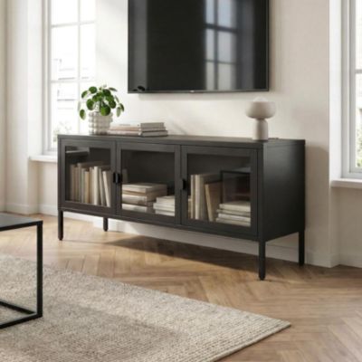 Meuble TV Industriel Métal 130cm 3 Portes, Noir Et Verre Trempé Ezra