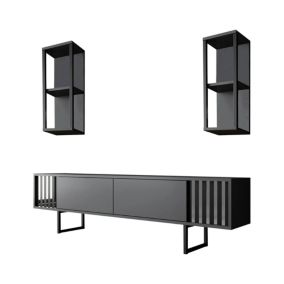 Meuble TV Iva, Buffet de salon, Armoire basse pour TV, Base murale de rangement, 180x30h48 cm, Anthracite et Noir