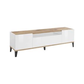 Meuble TV Ivan, Buffet bas de salon avec 2 portes, Base pour meuble TV, 100% Made in Italy, 160x40h47 cm, Blanc brillant et érable