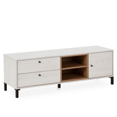 Meuble TV Javea 2 tiroirs et 1 Porte, Couleur Blanc et Bois, 136,5 cm (Largeur)