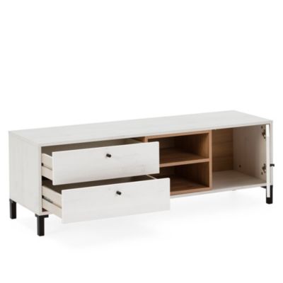 Meuble TV Javea 2 tiroirs et 1 Porte, Couleur Blanc et Bois, 136,5 cm (Largeur)