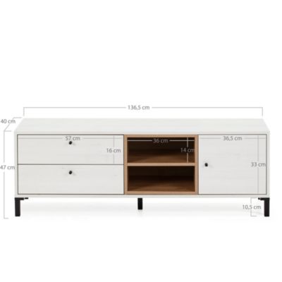 Meuble TV Javea 2 tiroirs et 1 Porte, Couleur Blanc et Bois, 136,5 cm (Largeur)