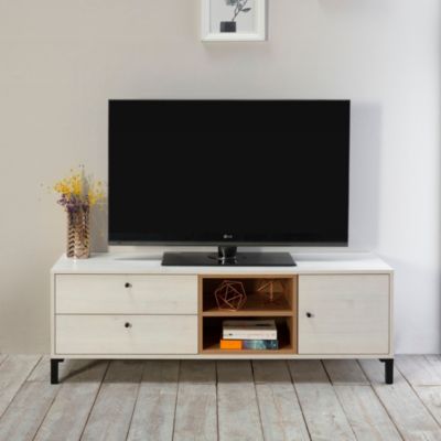 Meuble TV Javea 2 tiroirs et 1 Porte, Couleur Blanc et Bois, 136,5 cm (Largeur)