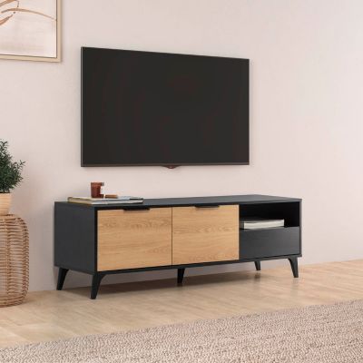 Meuble TV Kalma 2 portes 1 tiroir noir/chêne, longueur 136 cm