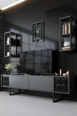 Meuble TV Kaus, Buffet de salon, Armoire basse pour TV, Base murale de rangement, 180x30h48 cm, Anthracite et Noir