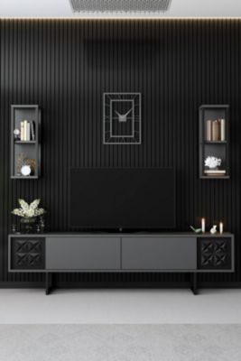 Meuble TV Kaus, Buffet de salon, Armoire basse pour TV, Base murale de rangement, 180x30h48 cm, Anthracite et Noir