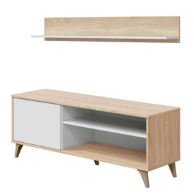 Meuble TV Kiko 1 Porte avec Etagere, Couleur Chêne et Blanc, 135 cm (Largeur)