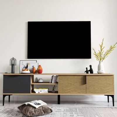meuble tv kowel mélaminé gris foncé-chêne 180x34x51 cm