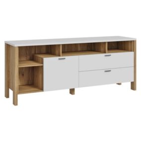 Meuble TV L. 162 cm avec décor gris clair et chêne - DEVONNE