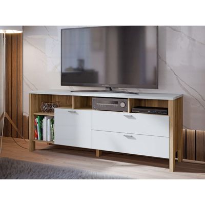 Meuble TV L. 162 cm avec décor gris clair et chêne - DEVONNE