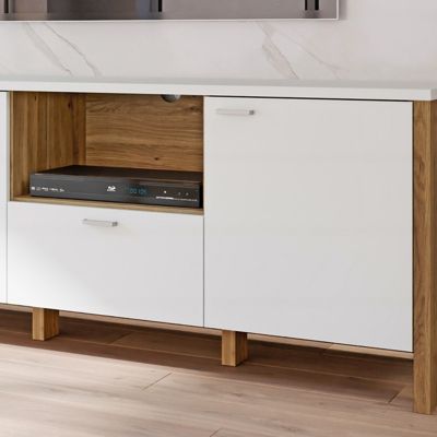 Meuble TV L. 193 cm avec décor gris clair et chêne - DEVONNE