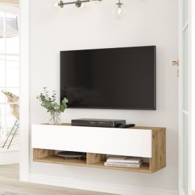 Meuble TV Laitila à porte 29,5 x 100 x 31,5 cm effet bois de pin / blanc en.casa