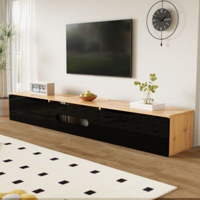 Meuble TV Laqué Brillant - avec Éclairage LED 16 Couleurs, Rangement Intégré, Fixation Murale, MDF Noir et Bois 180x35x30 cm