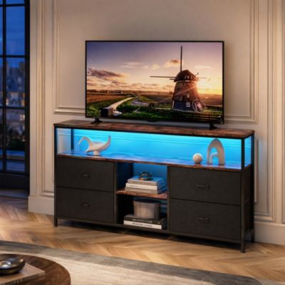 Meuble TV LED 108x30x78cm - 4 tiroirs, 2 compartiments et étagère - tissu cuir et métal noir - Noir