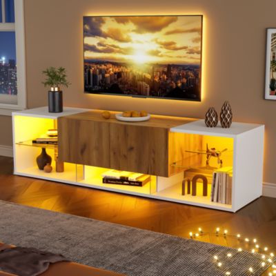 Meuble TV LED 160 cm blanc et bois avec 3 niveaux et tiroirs
