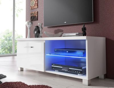 Meuble TV Led Salon Séjour 100x40x42cm couleur Blanc mat et Blanc Laqué