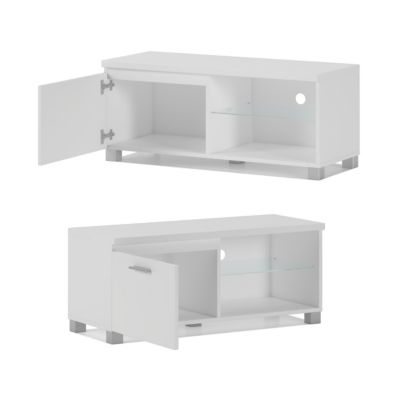 Meuble TV Led Salon Séjour 100x40x42cm couleur Blanc mat et Blanc Laqué