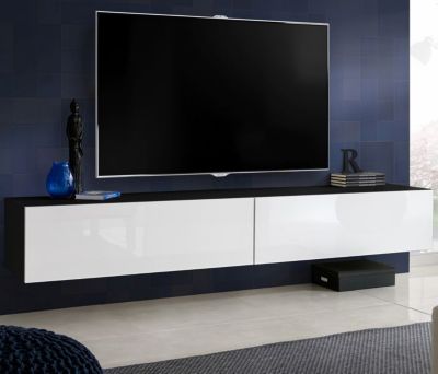 Meuble TV Loreto Komodee - Blanc Brillant et Noir - Facades en Brillant - 200 x 30 x 41 cm