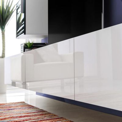 Meuble TV Loreto Komodee - Blanc Brillant et Noir - Facades en Brillant - 200 x 30 x 41 cm