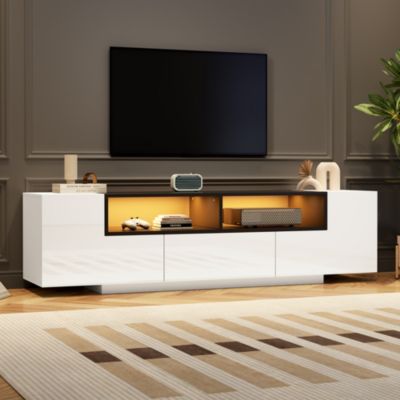 Meuble TV Lowboard avec LED, 2 Armoires et 1 Tiroir, 2 Rangement, Panneau de Particules - Blanc - 180x40x48 cm