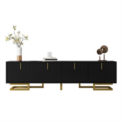 Meuble TV lowboard portes texture mobilier TV poignees pieds dores design elegant moderne pour interieur