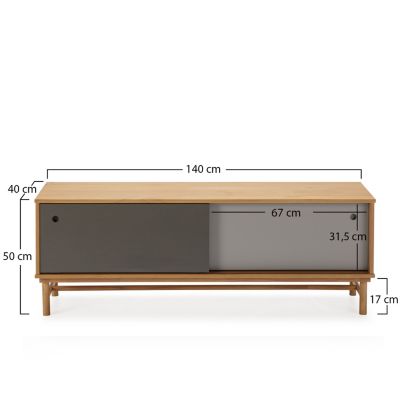 Meuble TV Magnus 2 Portes Coulissantes Couleur Gris, Bois Massif, 140 cm (Largeur)