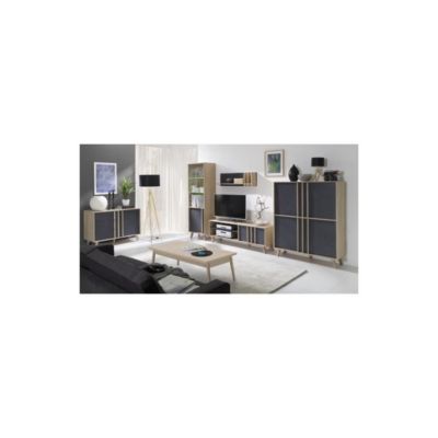 Meuble TV MALMO. Coloris chêne clair + gris béton. Meuble de salon type scandinave
