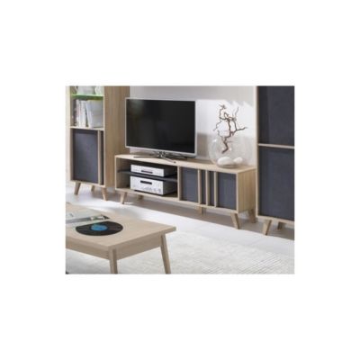 Meuble TV MALMO. Coloris chêne clair + gris béton. Meuble de salon type scandinave