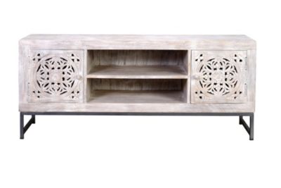Meuble TV manguier et pieds métal blanc vieilli