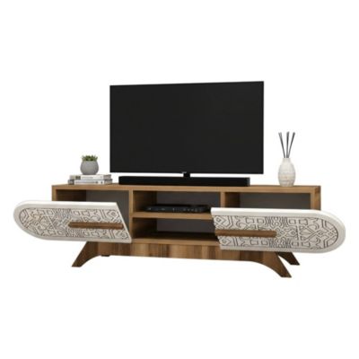 Meuble TV Matsu, Buffet de salon, Armoire basse pour TV, Base murale de rangement, 145x37h37 cm, Noyer et Blanc