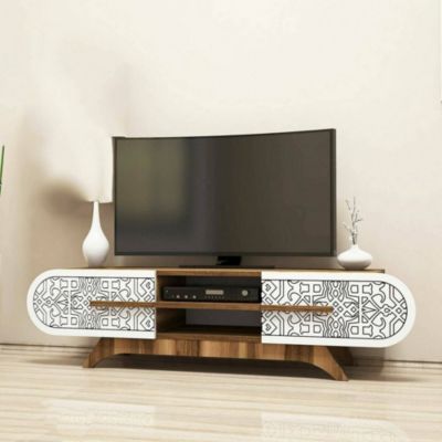 Meuble TV Matsu, Buffet de salon, Armoire basse pour TV, Base murale de rangement, 145x37h37 cm, Noyer et Blanc