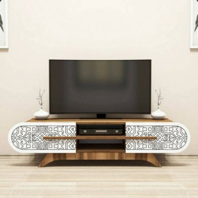 Meuble TV Matsu, Buffet de salon, Armoire basse pour TV, Base murale de rangement, 145x37h37 cm, Noyer et Blanc