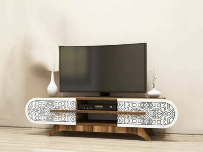 Meuble TV Matsu, Buffet de salon, Armoire basse pour TV, Base murale de rangement, 145x37h37 cm, Noyer et Blanc