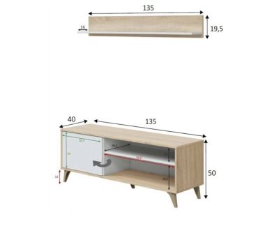 Meuble TV Mesa, Buffet pour télévision de salon avec 1 porte, Meuble TV de salon, Buffet design, 135x40h50 cm, Chêne