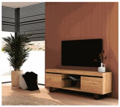 Meuble TV modèle Naturale, 140x40x53cm, couleur Chêne et Noir, 2 portes et 2 logements