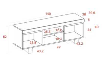 Meuble TV modèle Naturale, 140x40x53cm, couleur Chêne et Noir, 2 portes et 2 logements